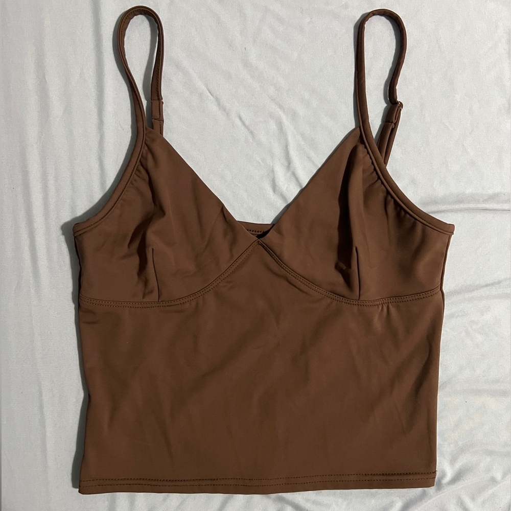 (5/$10) SUUKSESS Deep V Neck Sleeveless Fitted Cami Tank Y2K Top in Brown Size M